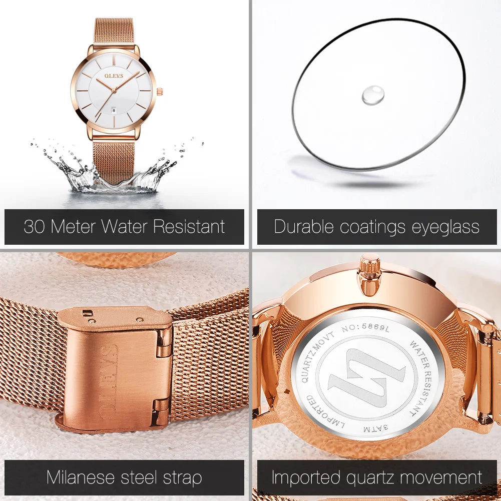 OLEVS 6898 Women's Luxury Quartz Watch | Ultra-Slim 28mm | Luminous | Stainless Steel | Gift Box