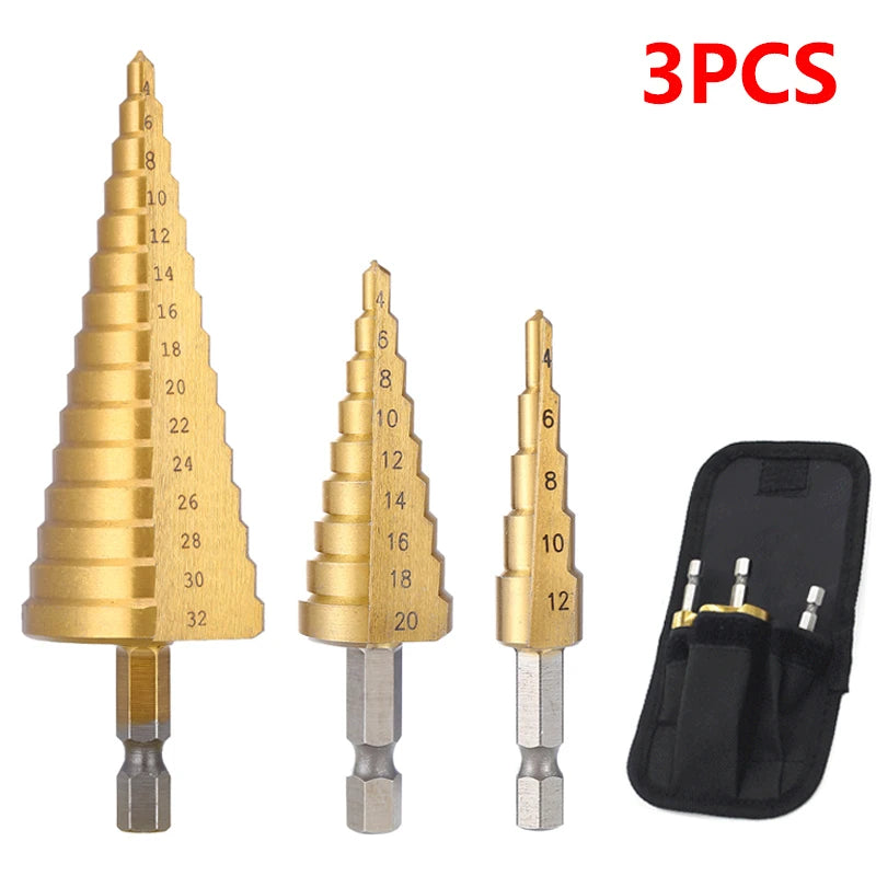 HSS Titanium Step Drill Bit Set – High Speed Steel, Metal & Wood Hole Cutter