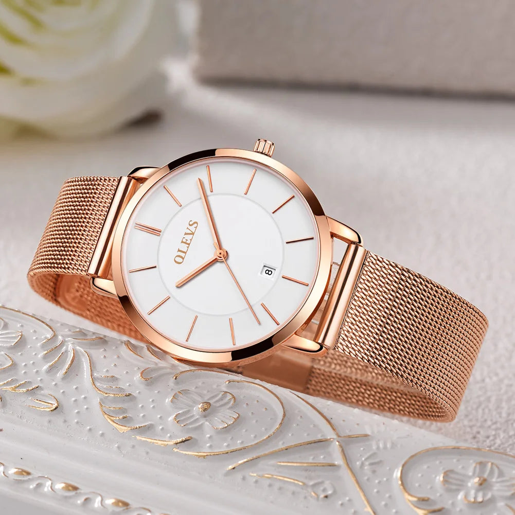 OLEVS 6898 Women's Luxury Quartz Watch | Ultra-Slim 28mm | Luminous | Stainless Steel | Gift Box