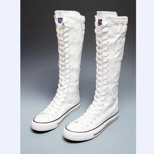 Zapatos de lona de caña alta nuevos para mujer, edición coreana, botas largas con cordones y cremallera, botines cómodos, zapatos de mujer a la moda 2025