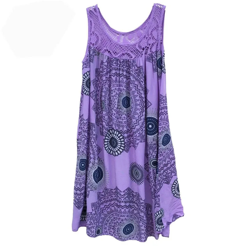 Women's Plus Size Boho Print Swing Dress – Lace Crochet Neck Sleeveless Camisole