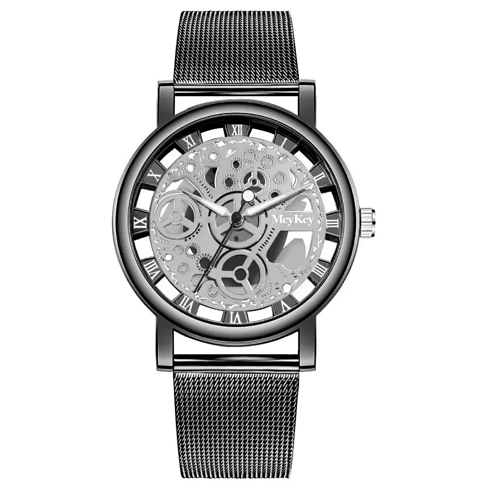 Moda Top Mujeres Reloj de Pulsera de Cuarzo de Malla Metálica para Dama con Diseño de Esqueleto Hueco y Reloj Mecánico Falso para Mujer Relogio Feminino