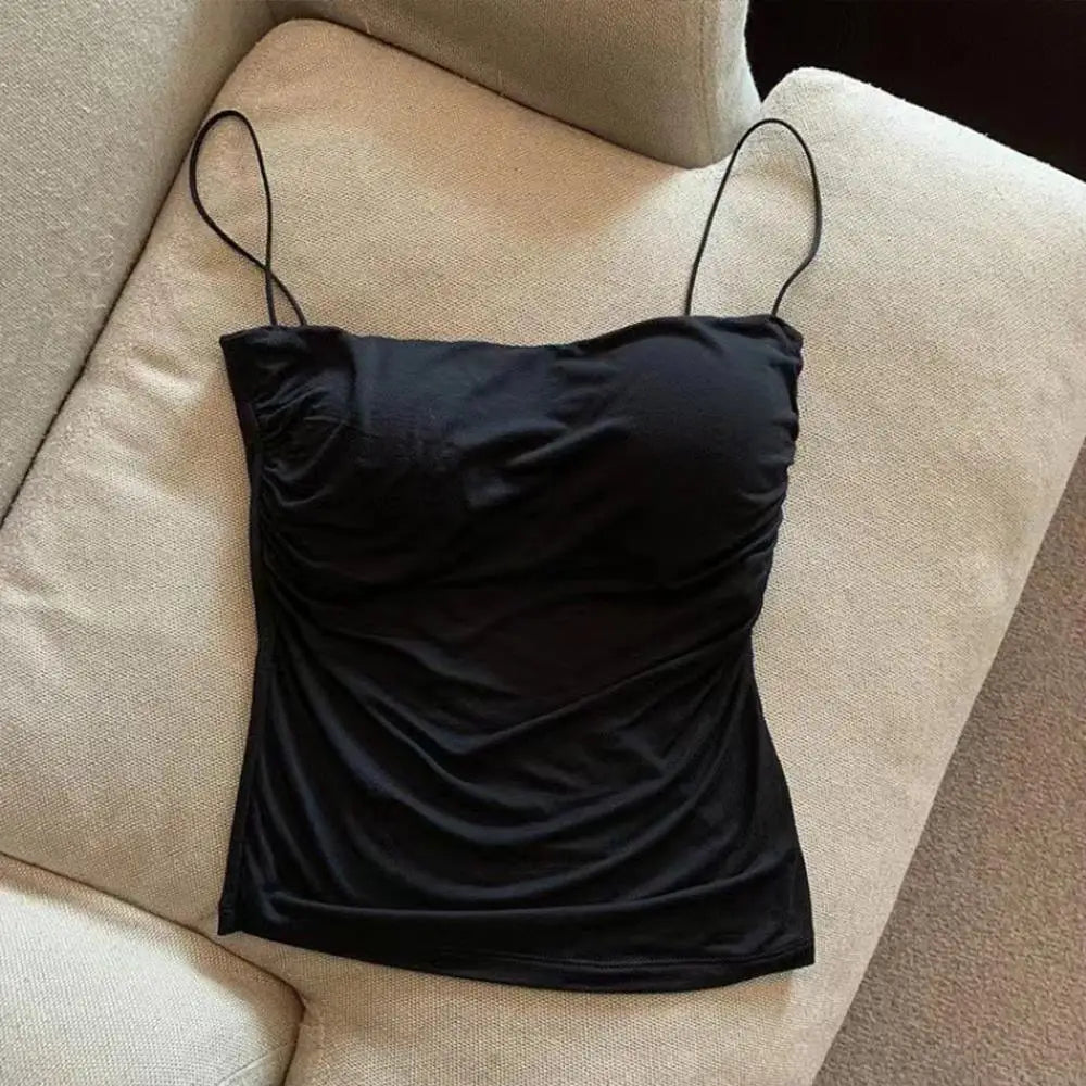Women's Y2K Spaghetti Strap Cami Top | Built-In Bra Bodycon Sleeveless Crop Top One Size