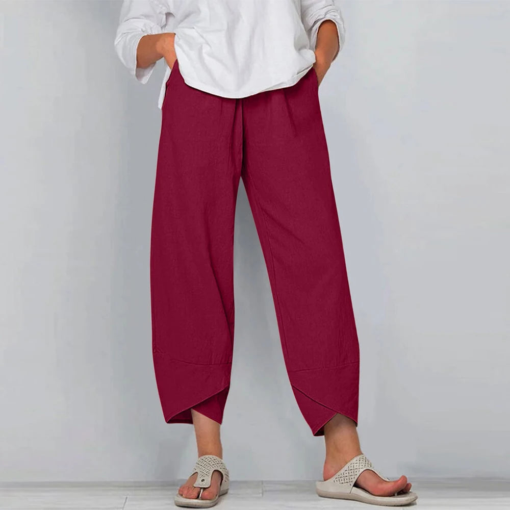 Pantalones bombachos de algodón y lino para mujer, estampado vintage, pierna ancha, casual, bolsillos lisos, Harajuku, cintura alta, holgados, joggers
