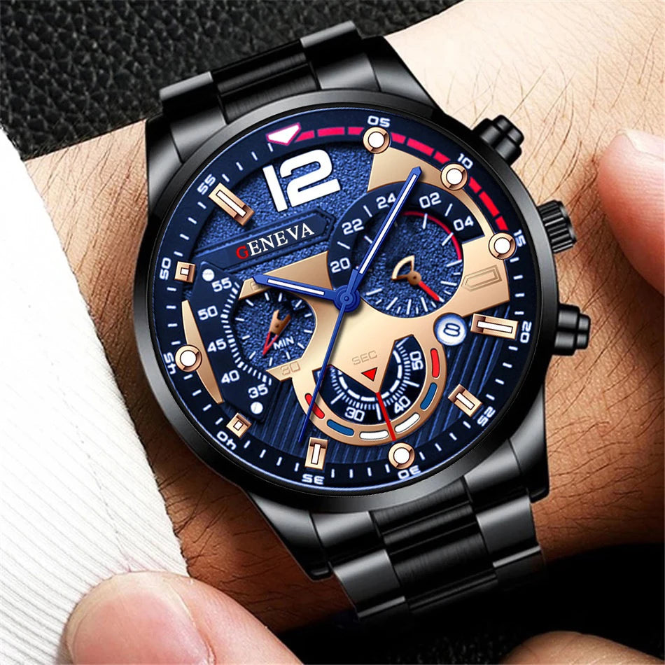 Men's Stainless Steel Quartz Watch – Chronograph-Style Dial with Calendar