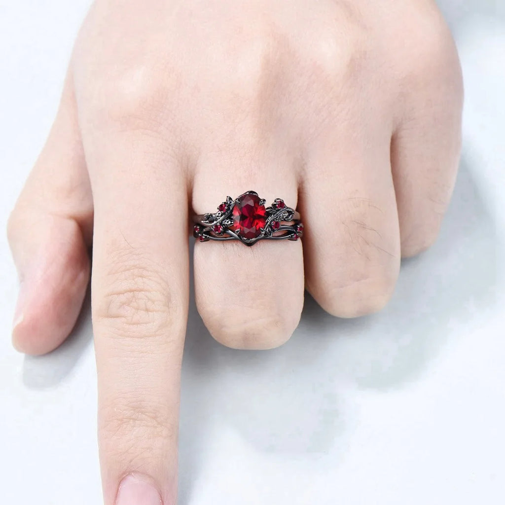 Charm Couple Rings – Red Rhinestone Women's & Celtic Dragon Men's Wedding Band Set