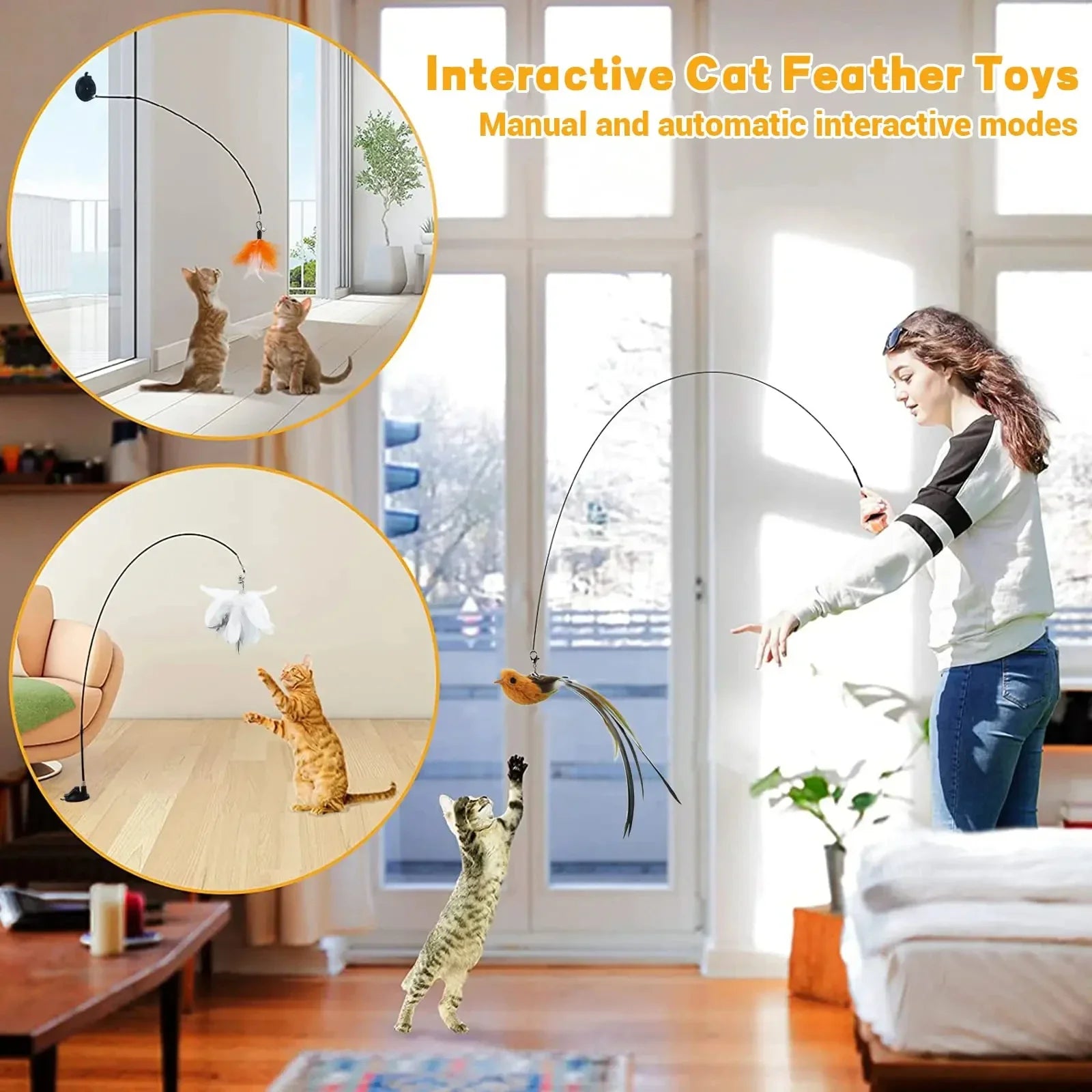 Simulated Bird Cat Teaser Toy – Feather Wand with Upgraded Suction Cup & Steel Wire Rod