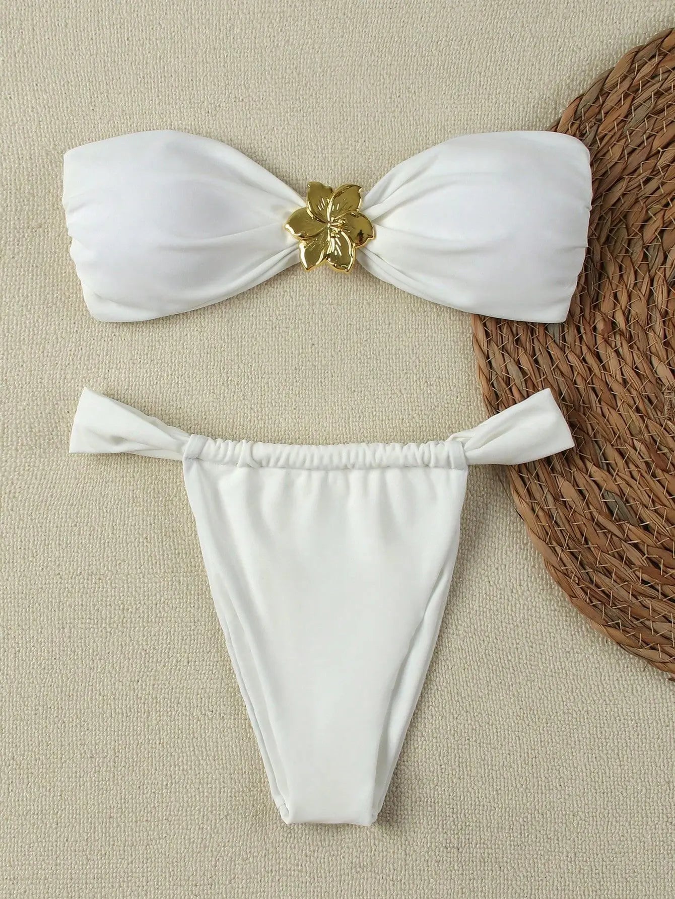 Women's Bandeau Push-Up Bikini Set – Gold Ring Detail & Brazilian Bottom