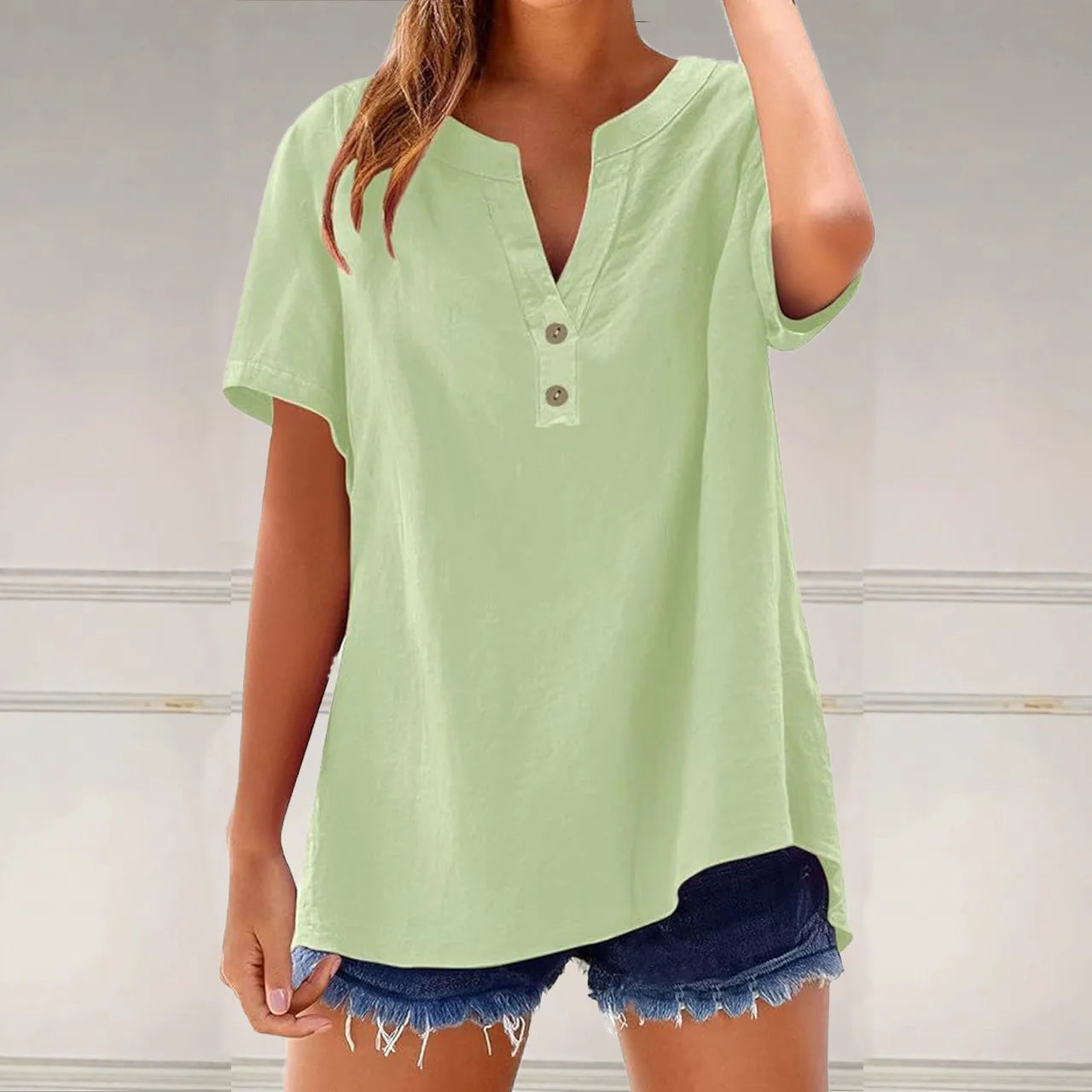 Summer Cotton Linen Women Shirts Fashion Breathable Solid Color V-Neck Blouses Casual Short Sleeve Button Lady Office Tops 2025