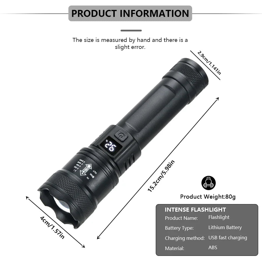 Tactical LED Flashlight – 2000LM, Zoomable, USB Rechargeable & Power Bank