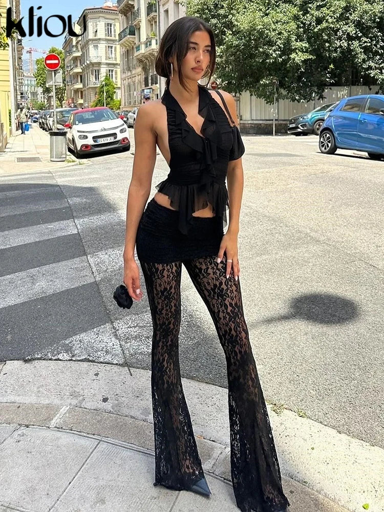 kliou Pantalones de encaje apilados sexys para mujer, elegantes, sólidos, transparentes, de cintura alta, pantalones rectos, tendencia, leggings atractivos de calle