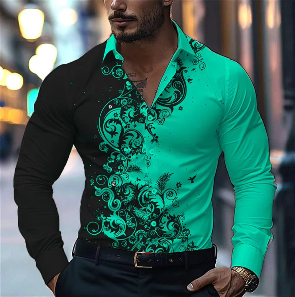 Men's Floral Print Dress Shirt - Long Sleeve Button-Up (S-5XL)
