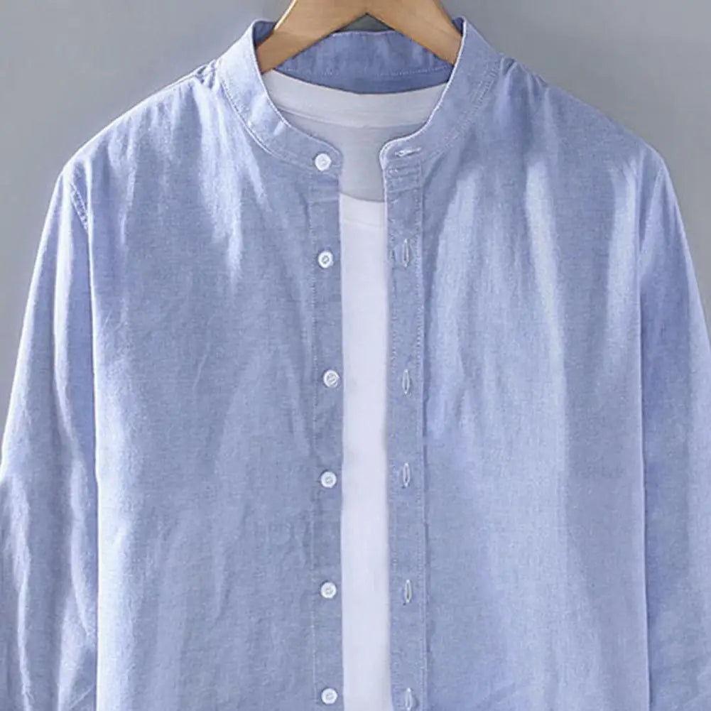 Men's Linen Stand Collar Shirt - Long Sleeve Casual (M-4XL)