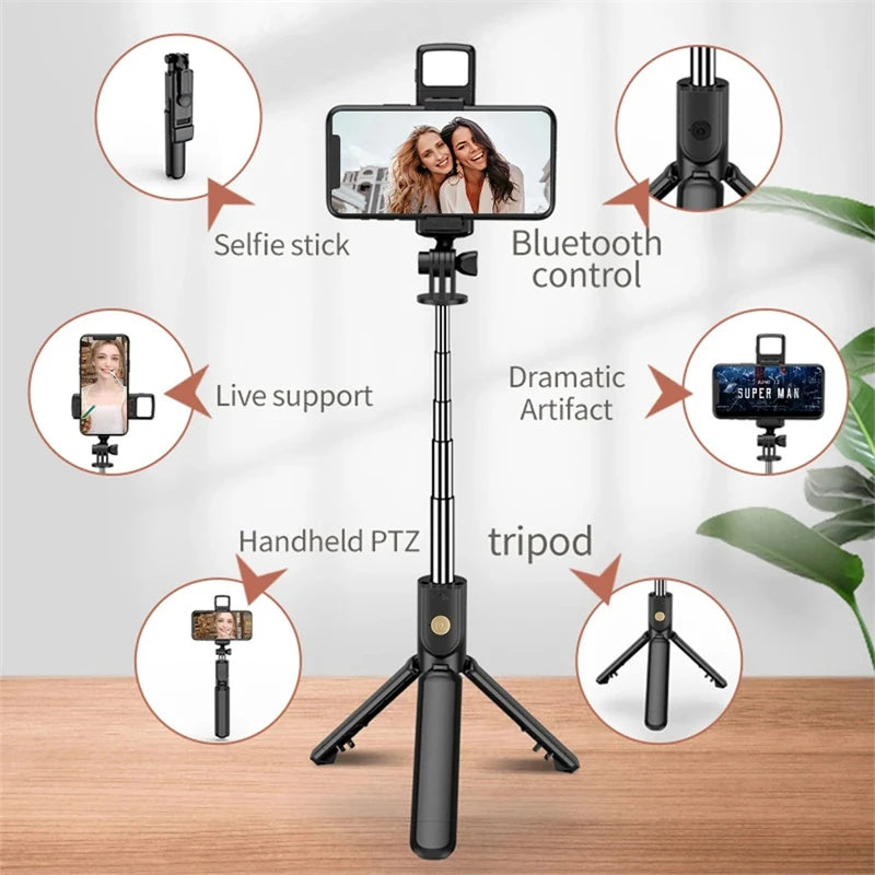 3-in-1 Selfie Stick Tripod – Fill Light, Bluetooth Remote & Foldable Stand