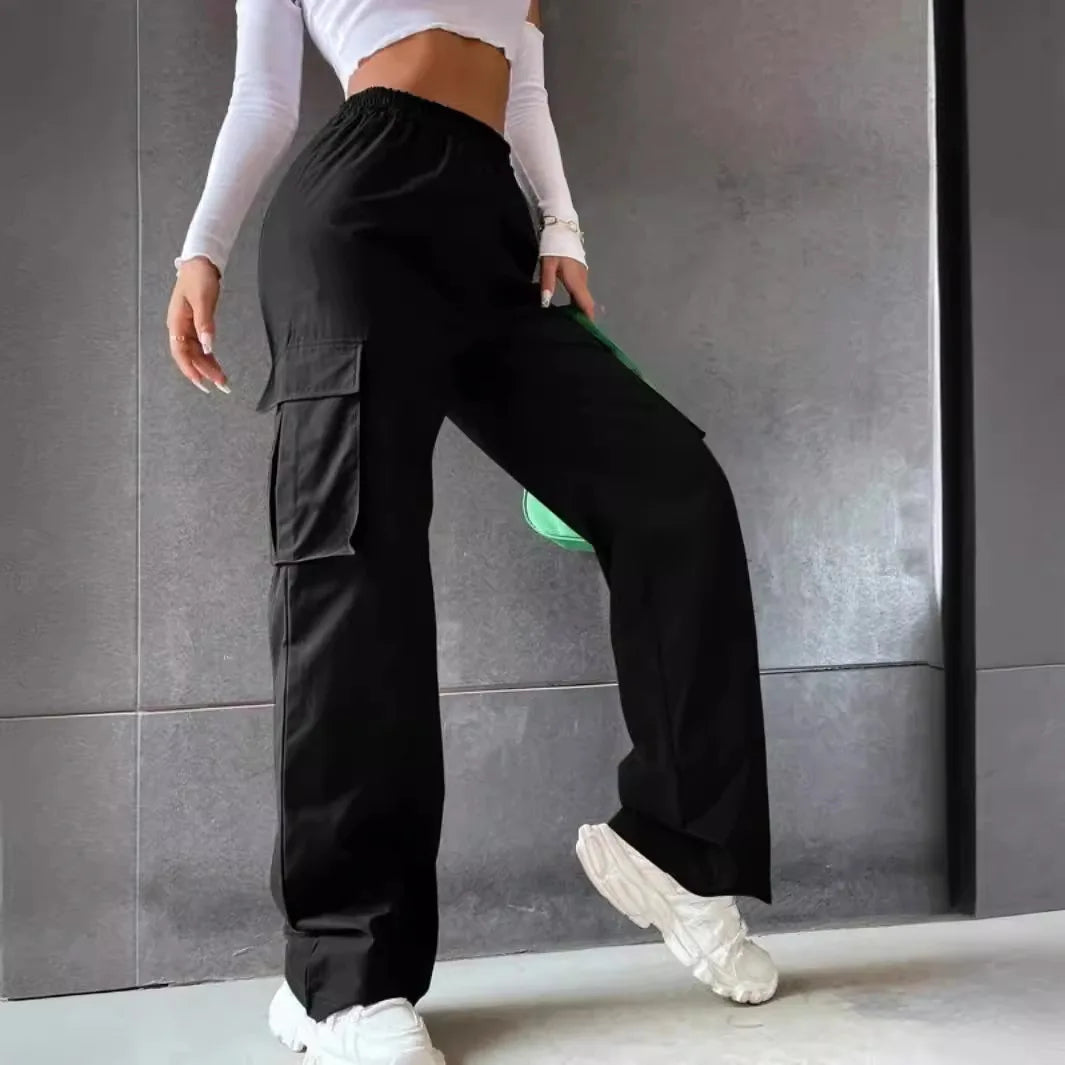 Pantalones de chándal anchos de moda para mujer, informales, de viaje, elegantes, rectos, tipo cargo, de cintura alta elástica, holgados y elegantes.