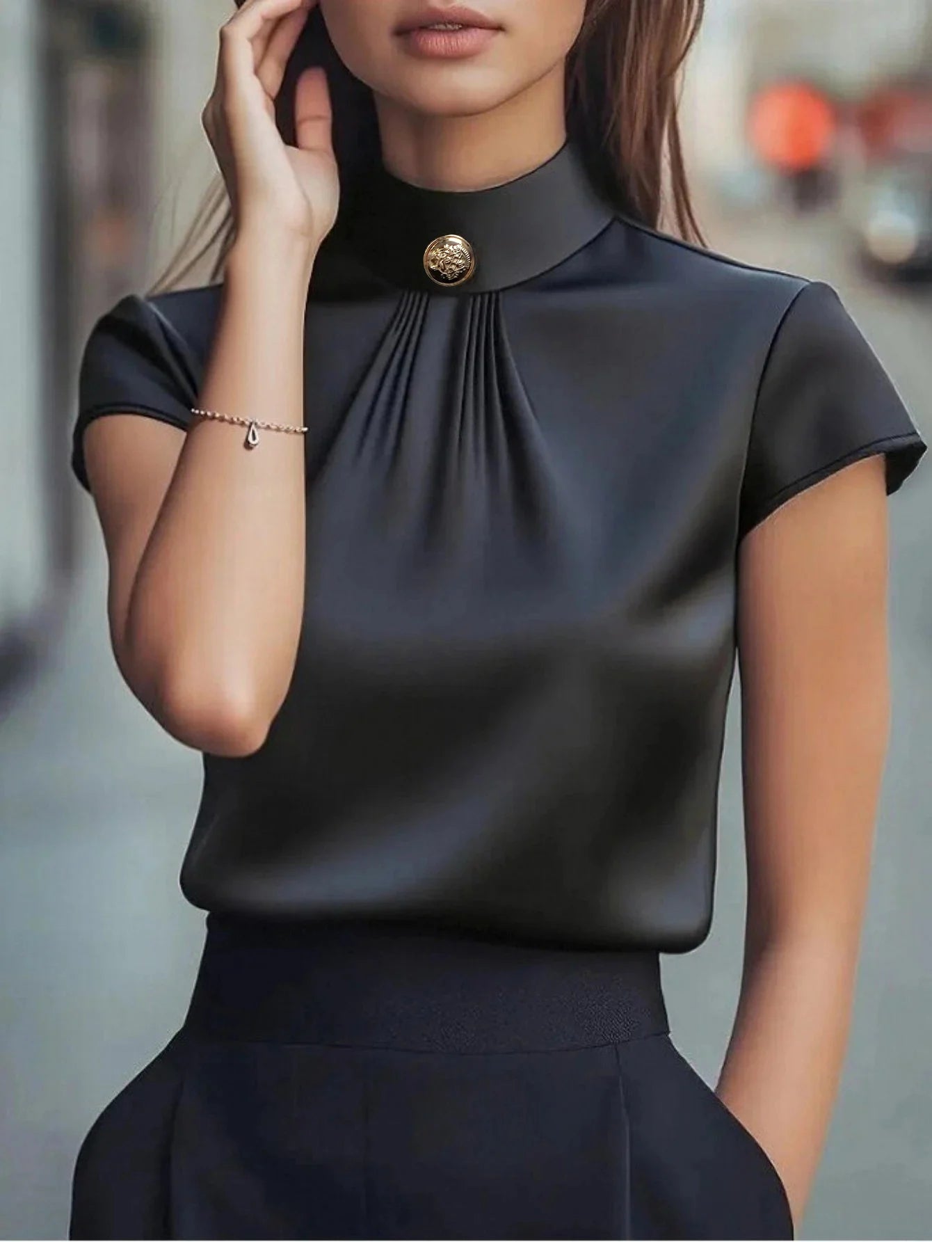 Women's Satin Pleated Blouse — Stand Collar, Short Sleeve