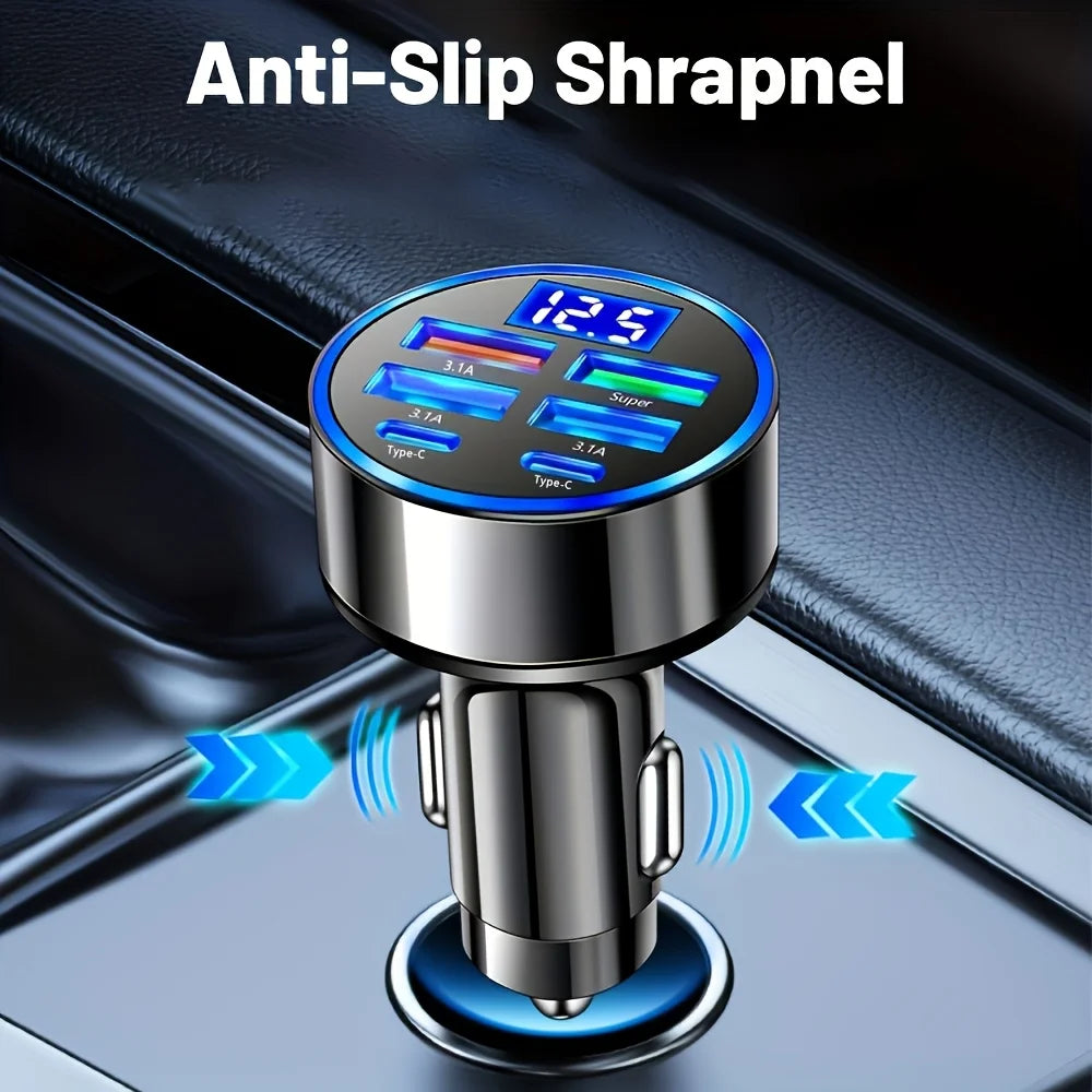 6-in-1 Fast Charging Car Adapter – 3.1A Dual USB & Type-C with Digital Display