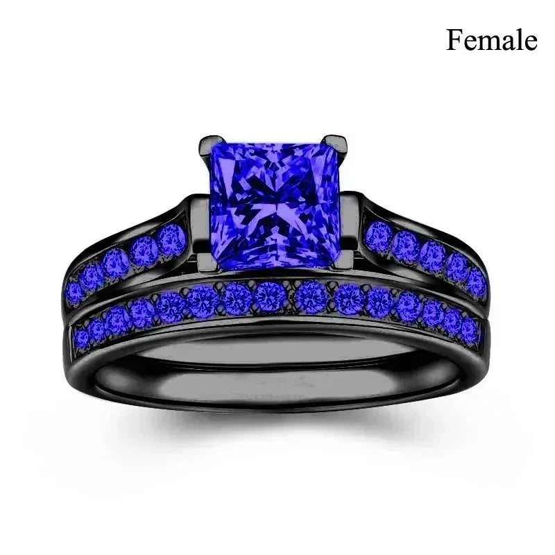Charm Couple Rings – Red Rhinestone Women's & Celtic Dragon Men's Wedding Band Set