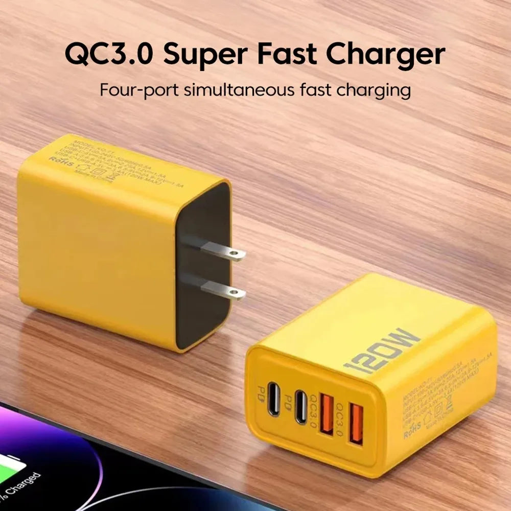 4-Port USB-C Fast Charger 120W – Quick Charge 3.0, Compatible with iPhone, Samsung & More