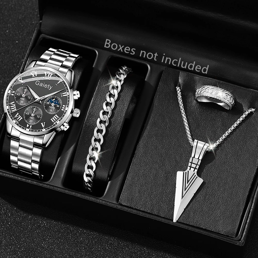 Men's Quartz Watch & Bracelet Gift Set – Calendar Chronograph-Style Dial