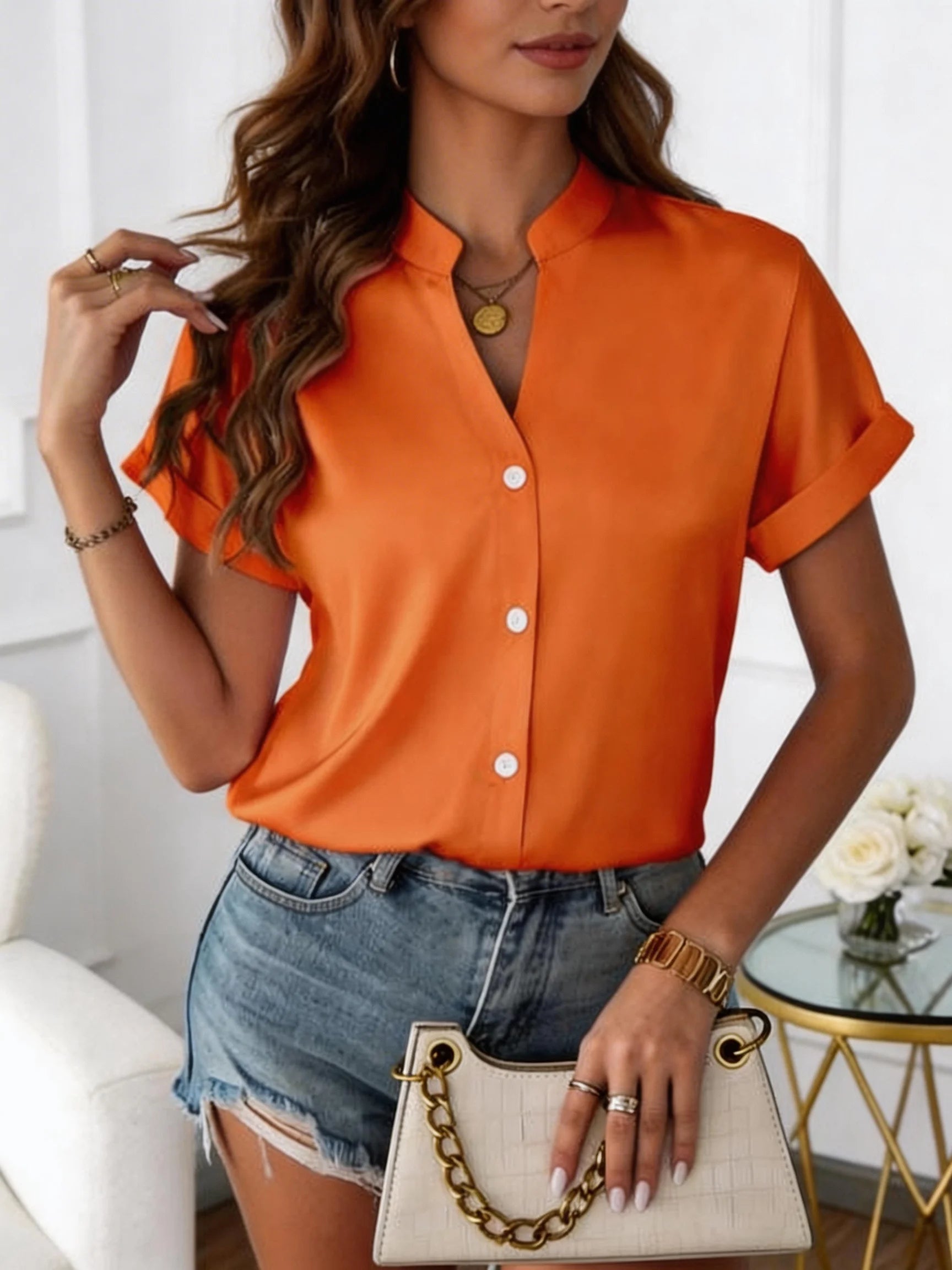 Women's V-Neck Blouse - Short Sleeve Loose Fit (S-XXL)