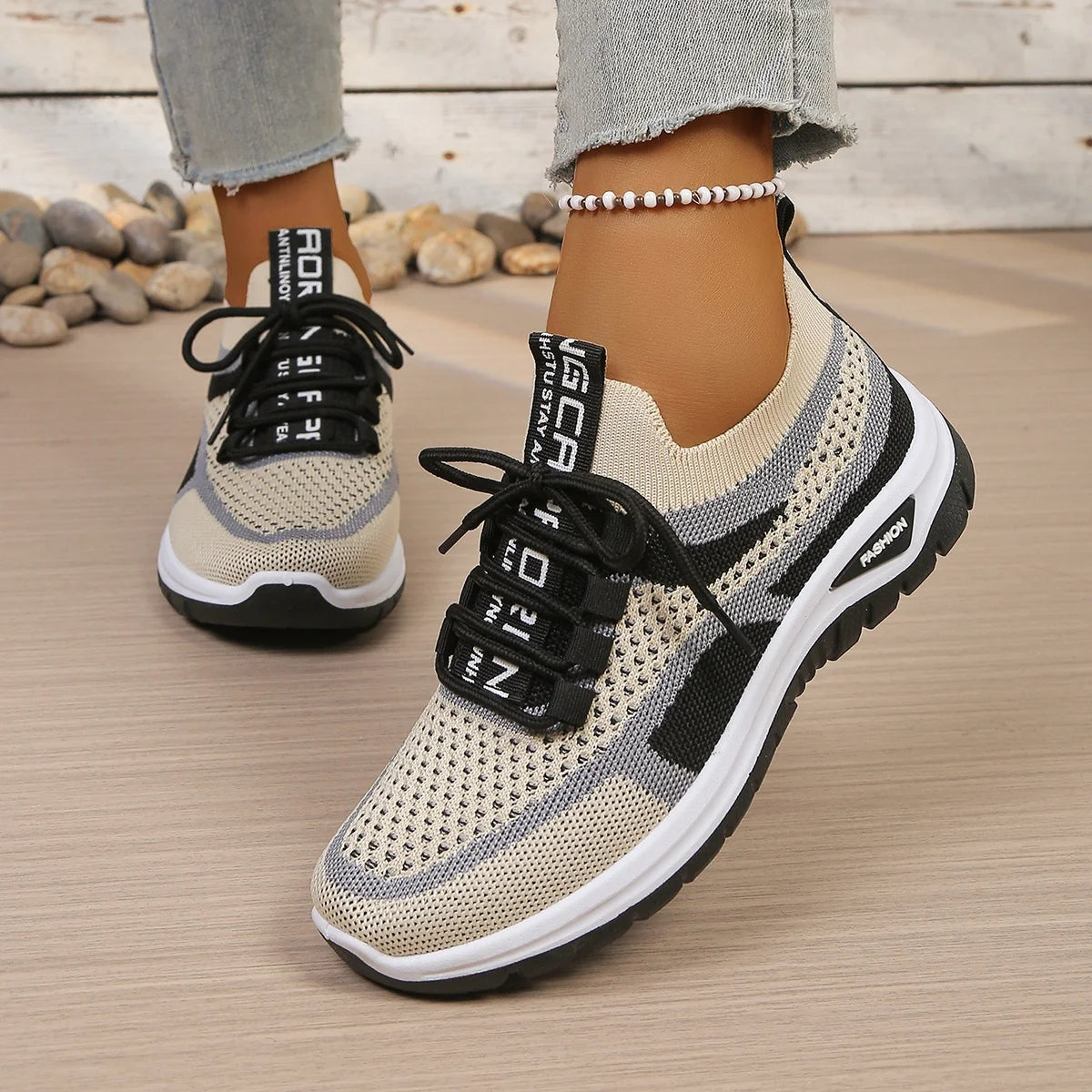 Women's Two-Tone Canvas Sneakers – Lace-Up Casual Work Shoes