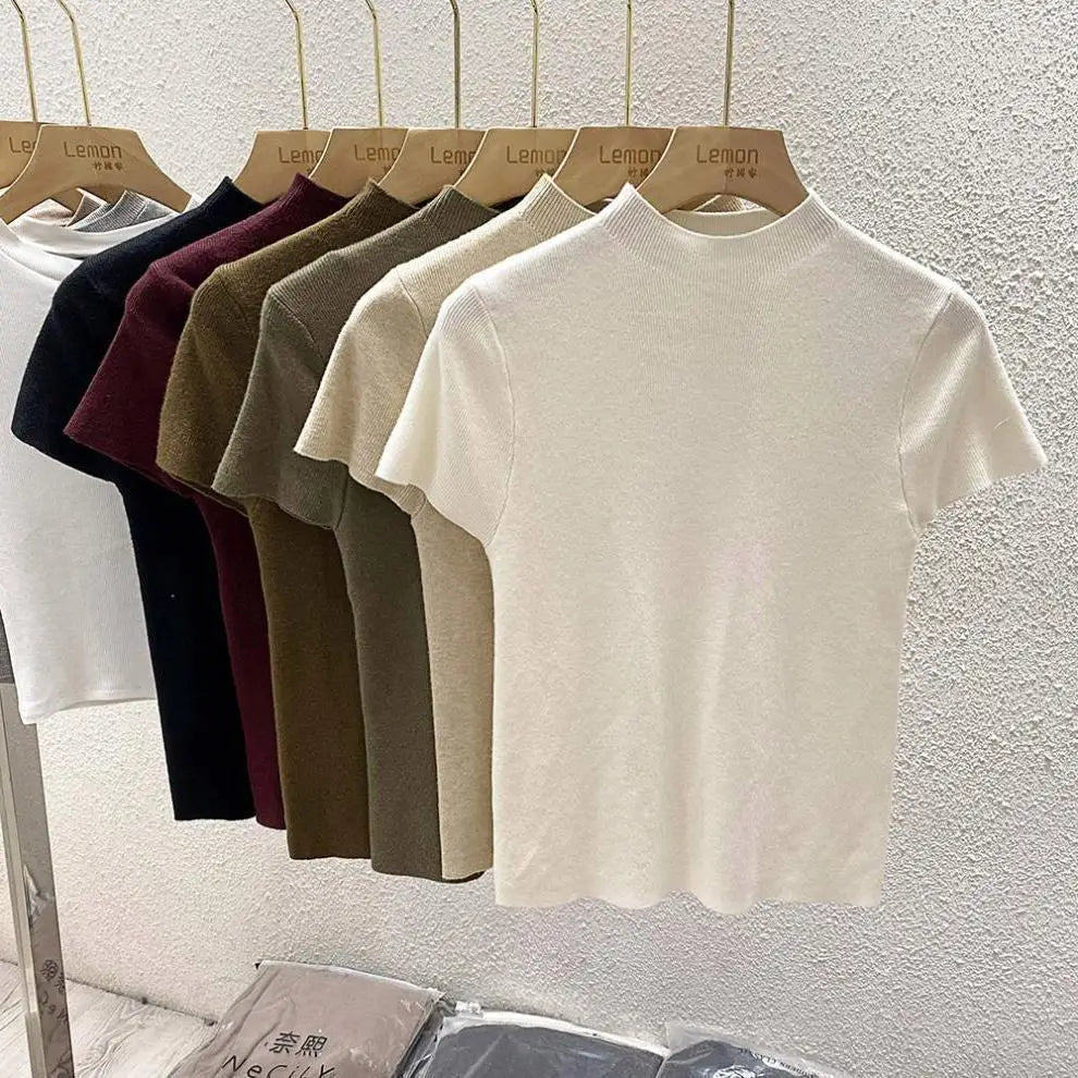 Women's Thin Mock Neck Short Sleeve Knit Sweater | Slim Bodycon Pullover Layering Top One Size