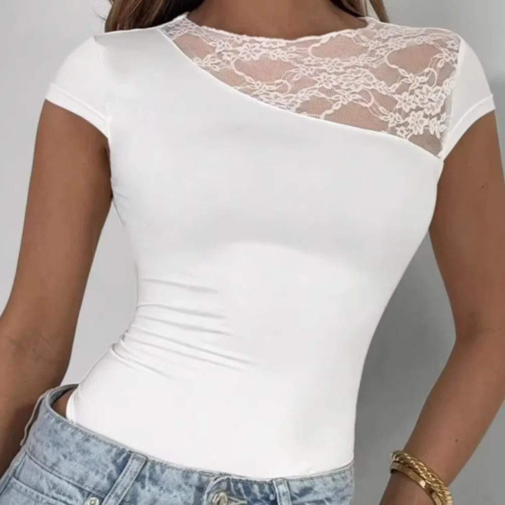 Women's Lace Panel Bodysuit – Short Sleeve Slim Fit Patchwork Top