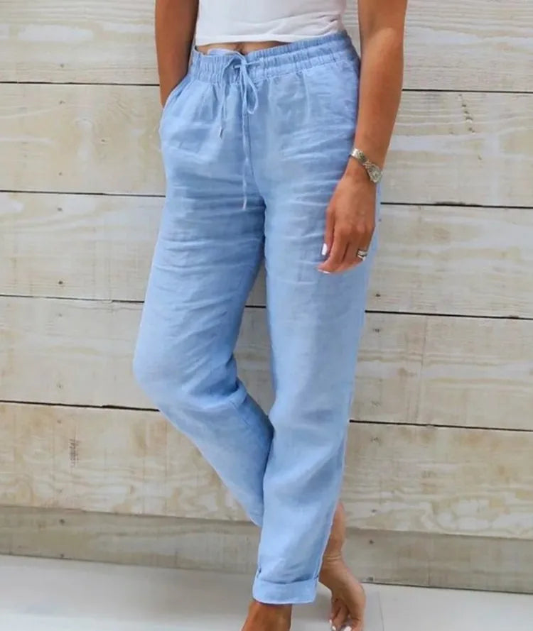 Pantalones de Verano de Lino y Algodón para Mujer, Cintura Alta Elástica, Pantalones Casuales, Ropa Urbana, Color Liso, Ropa Femenina 2026, Pantalones Lápiz Holgados