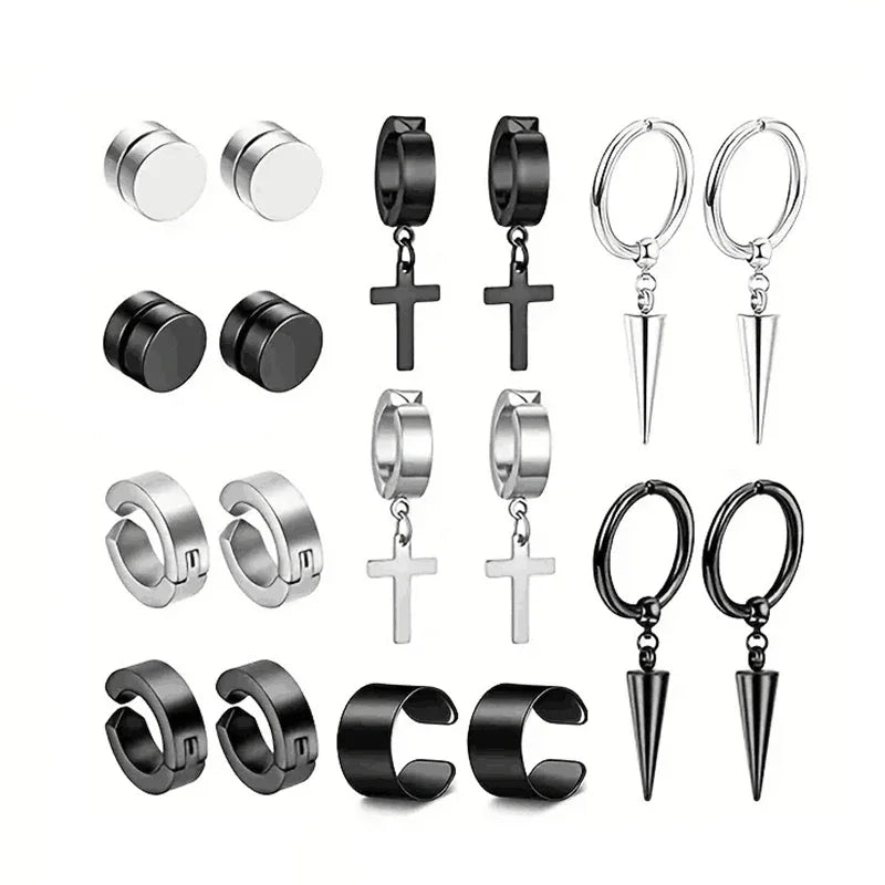 Punk Cross Magnetic Stainless Steel Stud Earrings – No Piercing Unisex