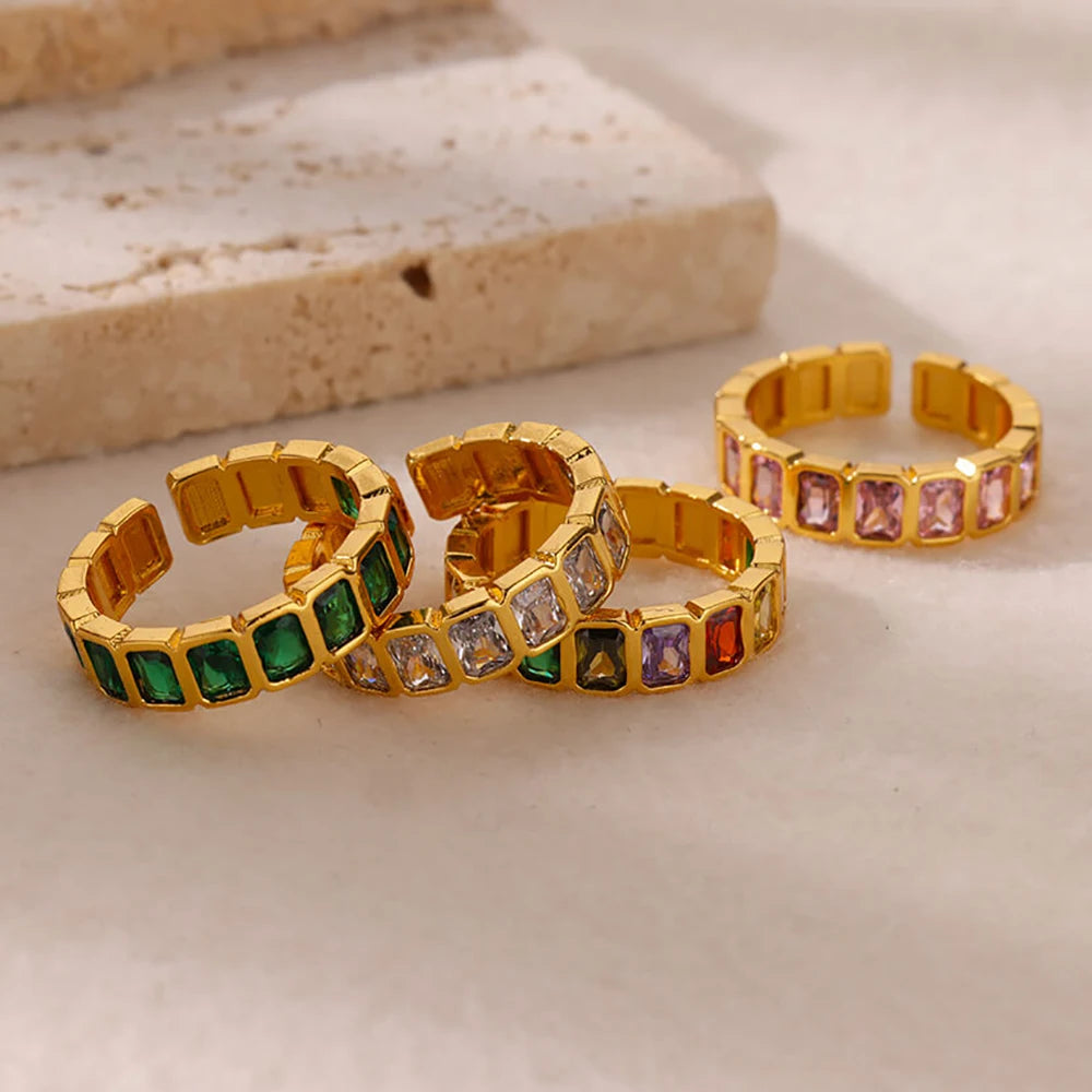 Anillo Abierto de Circonita Cúbica de Colores | Acero Inoxidable Bañado en Oro de 18K | Estilo Boho Vintage | Regalo para Mujer