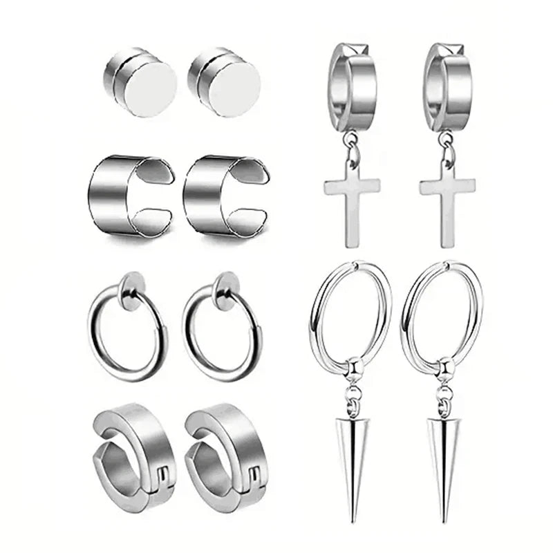 Punk Cross Magnetic Stainless Steel Stud Earrings – No Piercing Unisex
