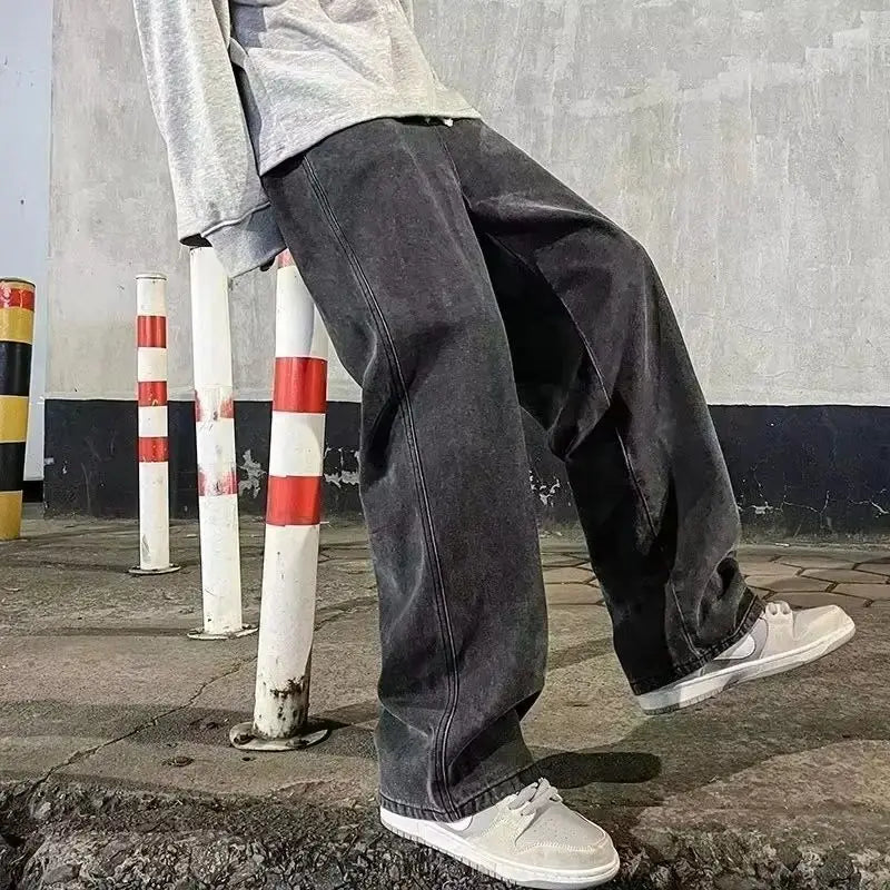 Men’s Korean Style Loose Straight Leg Jeans – Wide Leg Streetwear Denim