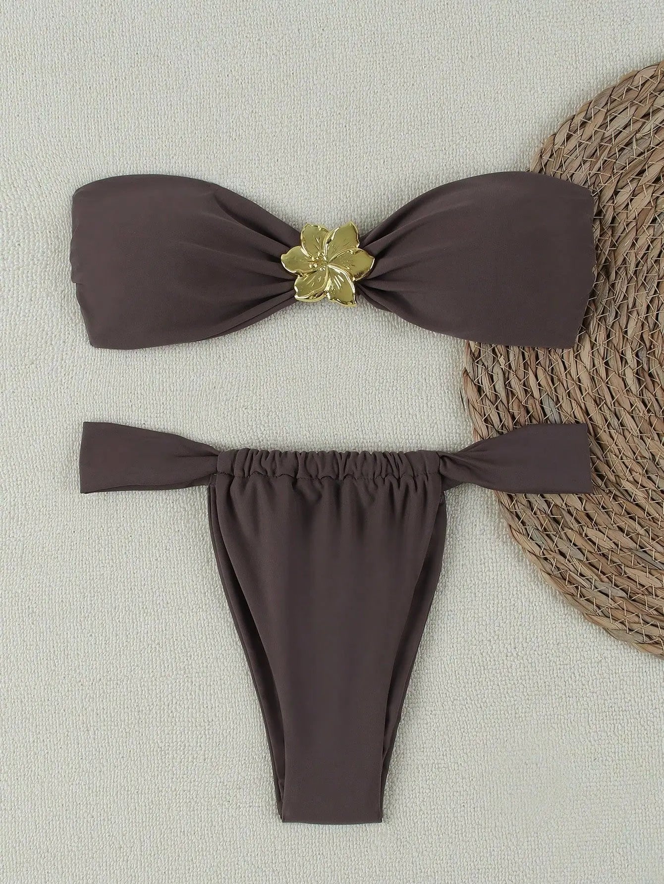 Women's Bandeau Push-Up Bikini Set – Gold Ring Detail & Brazilian Bottom
