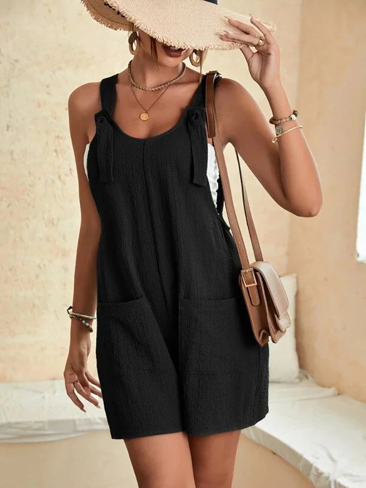 Women's Tie-Knot Strap Romper – Loose Casual Shorts Jumpsuit with Pockets