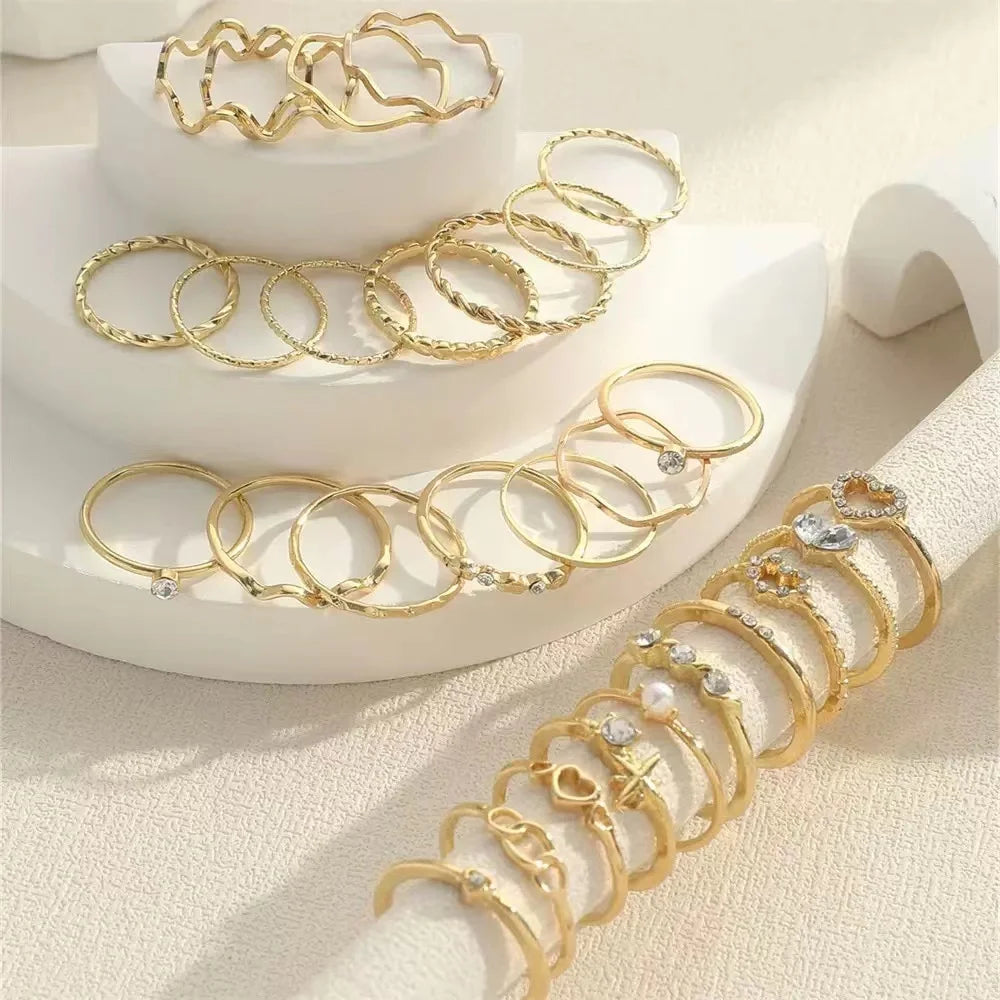 23-Piece Luxury Zircon Wave Ring Set for Women | Multi-Element Daily Wear