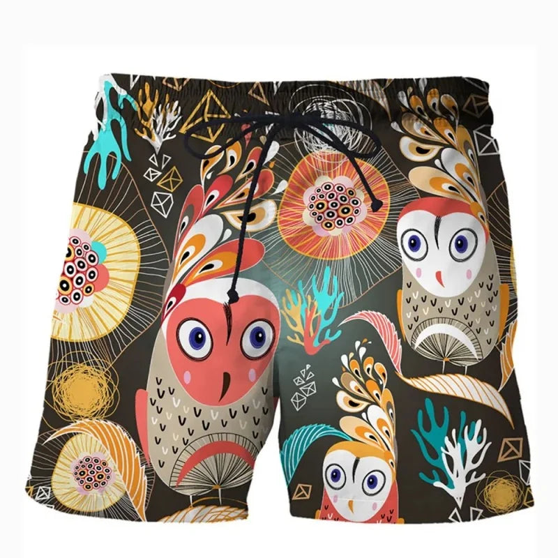 3D Printed Animal Board Shorts – Flamingo, Shark & Owl Hawaiian Swim Trunks