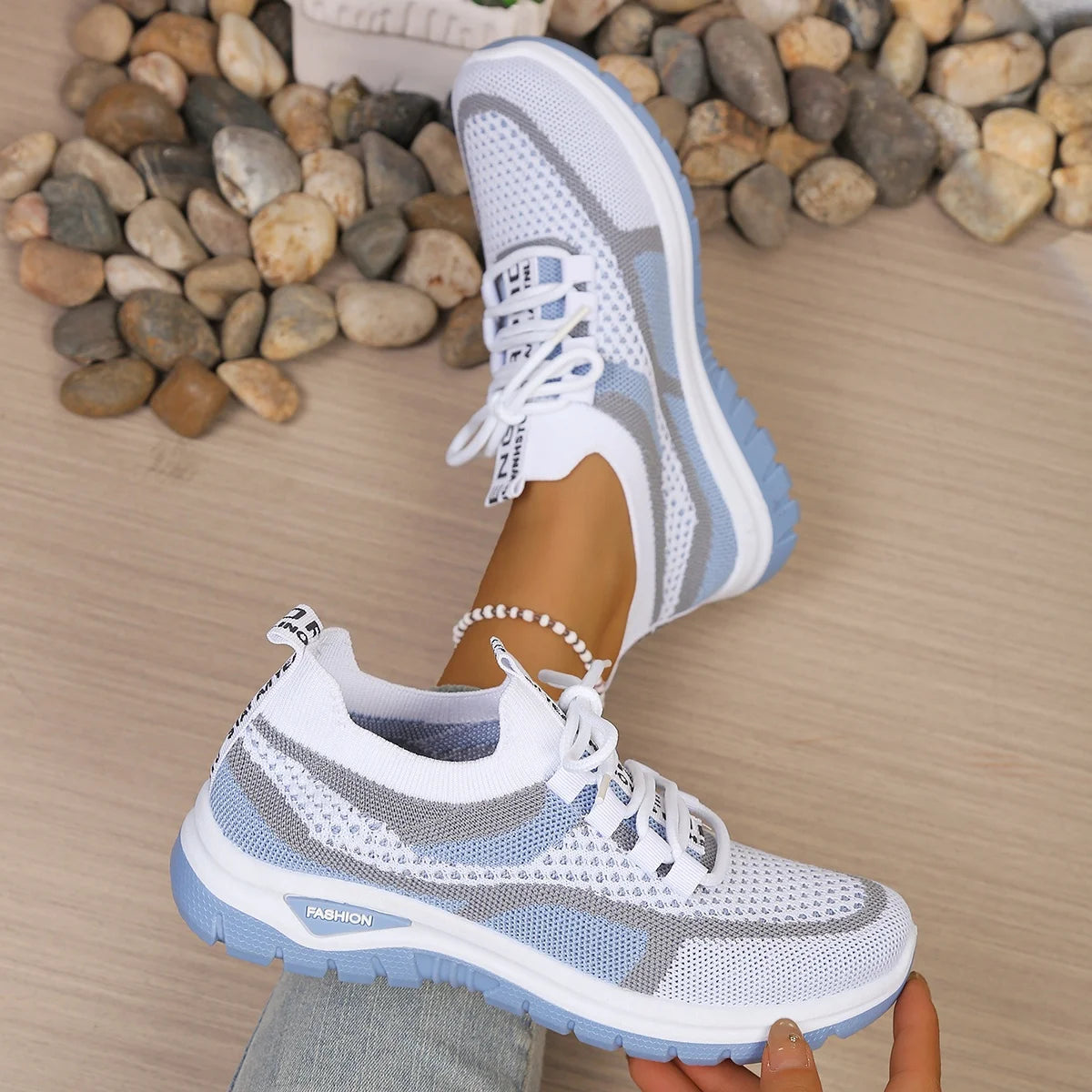 Women's Two-Tone Canvas Sneakers – Lace-Up Casual Work Shoes