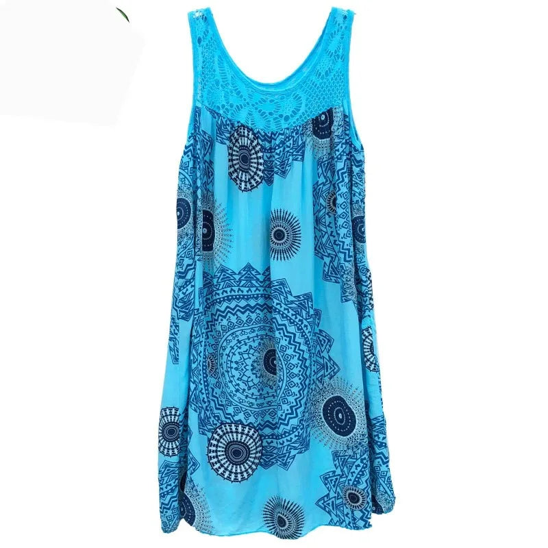 Women's Plus Size Boho Print Swing Dress – Lace Crochet Neck Sleeveless Camisole