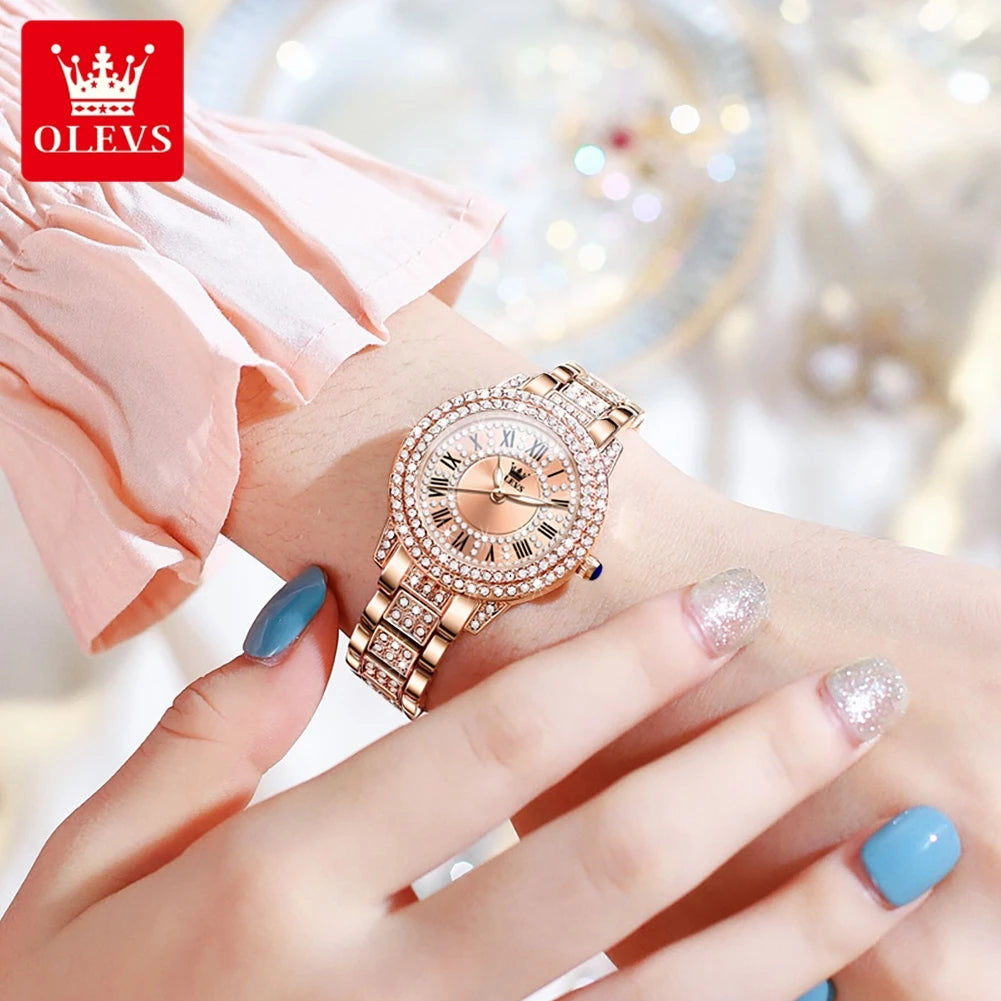 OLEVS 9943 Women's Diamond Quartz Watch | Roman Numeral Dial | Luminous | Stainless Steel Bracelet