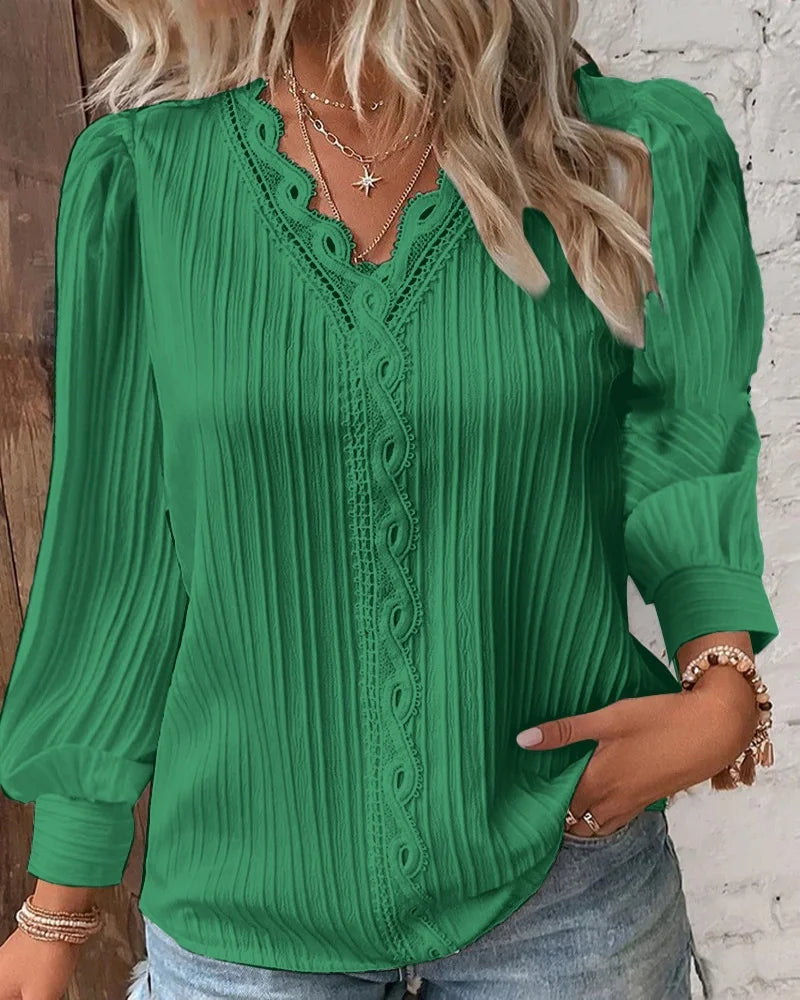 Women's Lace Patchwork Blouse - V-Neck Long Sleeve (S-XXL)