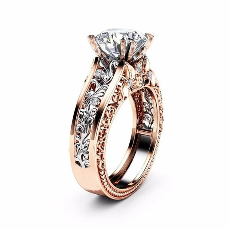 Anillo de pareja de circonita tallada hueca | Oro Rosa y Plata | Joyería nupcial de compromiso y boda