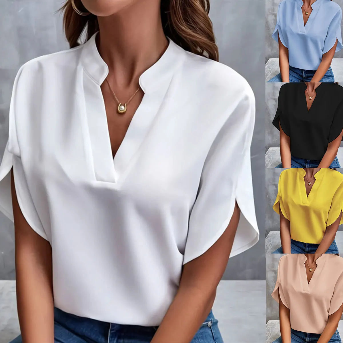 Women's V-Neck Blouse - Short Sleeve Loose Fit (S-XXL)