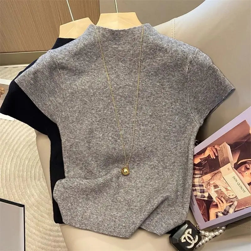 Women's Basic Turtleneck Slim Knit Sweater | Short Sleeve Bodycon Pullover Top One Size