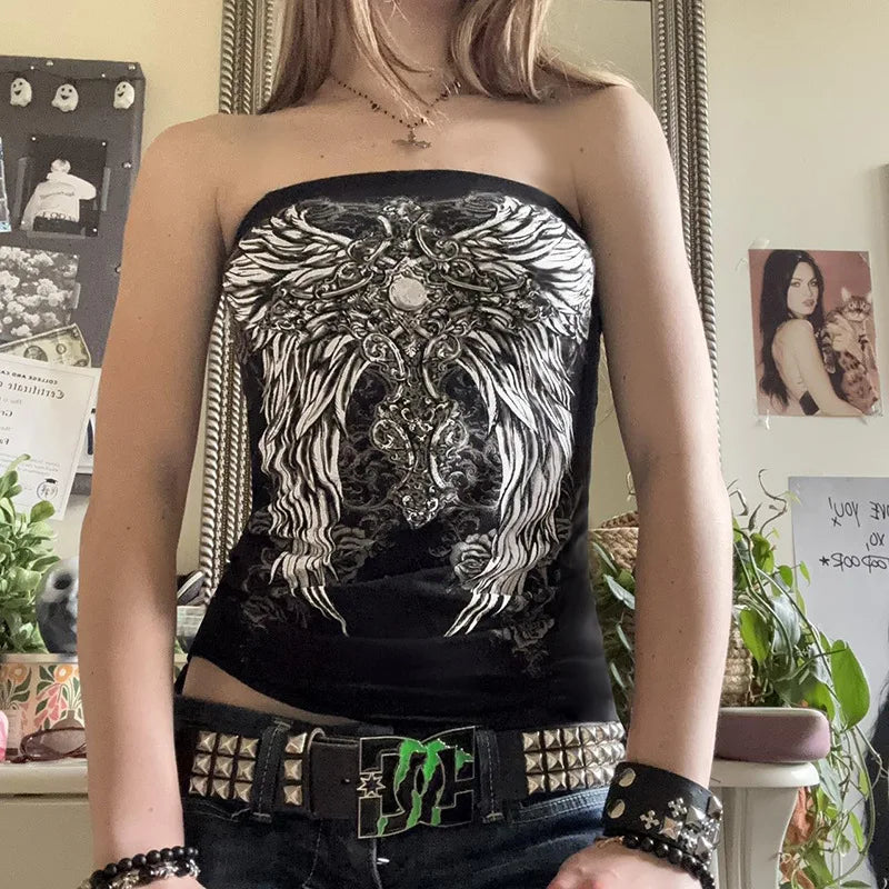 Top palabra de honor negro gótico para mujer, camiseta sin mangas, ajustada, corta, informal de verano, elegante, con estampado gráfico, estilo Y2K, chaleco básico de estilo urbano