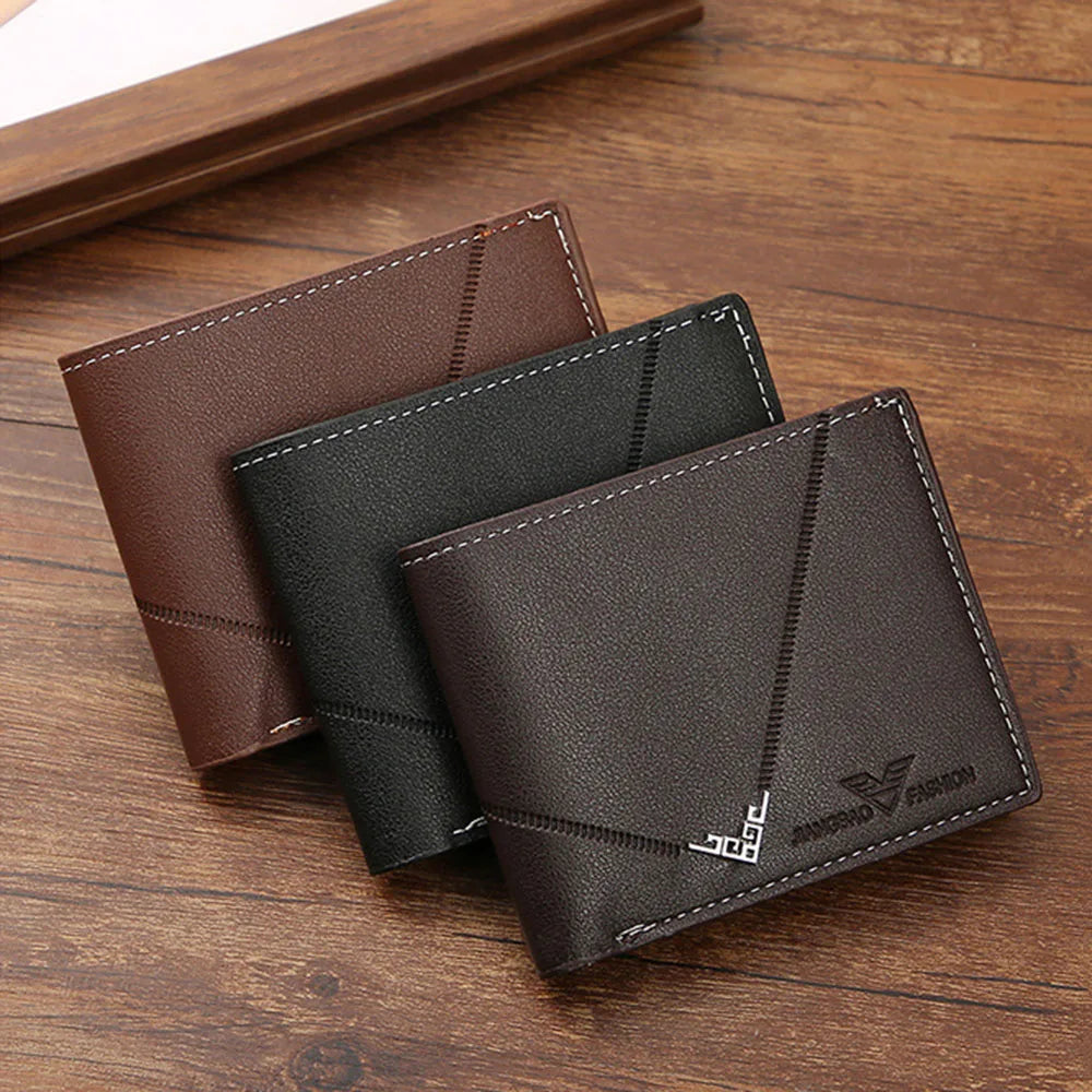 Men's Lychee Texture PU Leather Short Wallet — Business Card Holder & Coin Purse
