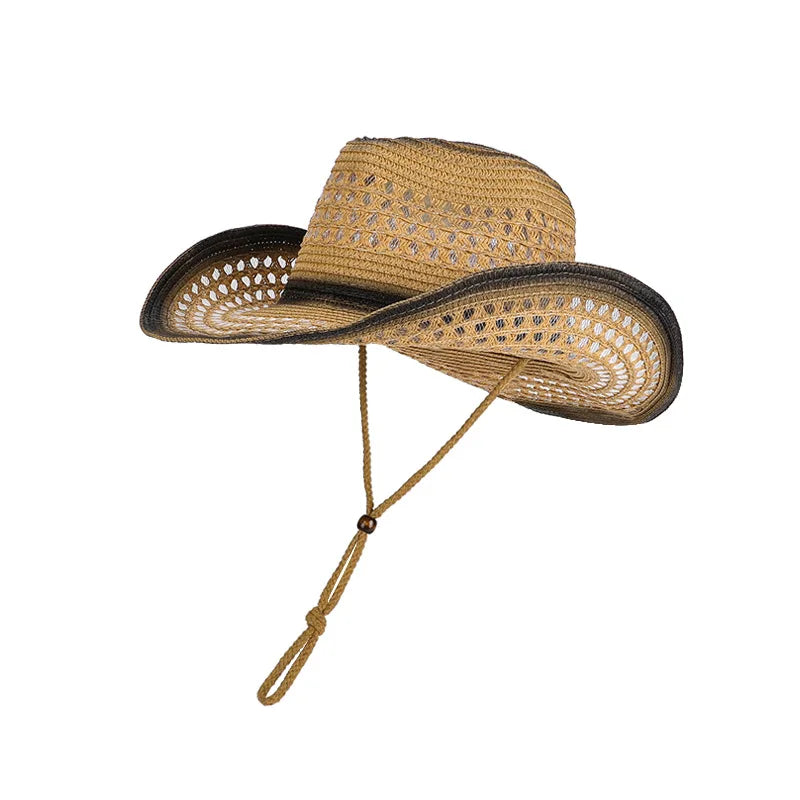 Breathable Hollow-Out Woven Denim Straw Hat with Black Trim and Contrasting Color, with Windproof Strap, Suitable for Outdoor Beach Sun Protection, Unisex, Holiday Gift
