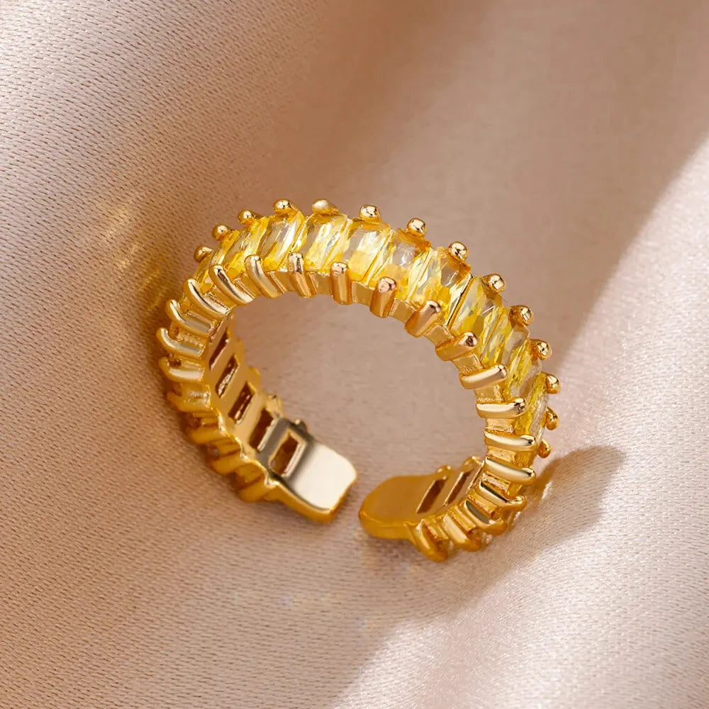 Anillo Abierto de Circonita Cúbica de Colores | Acero Inoxidable Bañado en Oro de 18K | Estilo Boho Vintage | Regalo para Mujer