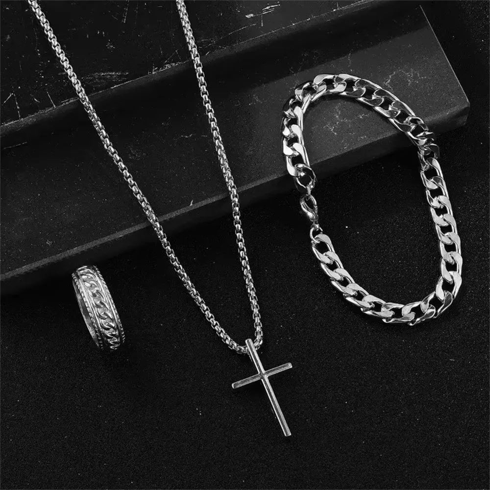 Set de collar, pulsera y anillo con cruz estilo punk | Joyería hip hop de 3 piezas
