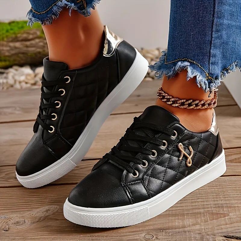 Women's Gold-Embellished Lace-Up Sneakers – Lightweight PU Low-Top Casual Shoes